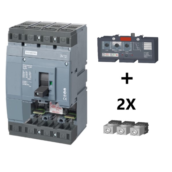 Interruptor automático 3VT2 poder de corte estándar Icu=36 kA 415VAC 4 polos; Ir=63...160 A IRM=4...8kA protección de cortocircuito conexiones por tornillo incluido Borne de alimentacion para interruptor 3VT2 (0250 Amp) 1 conductor de 025 a 150 mm2 1x3VT2725-2AA46-0AA0+1x3VT9216-6AC00+3x3VT9215-4TD30