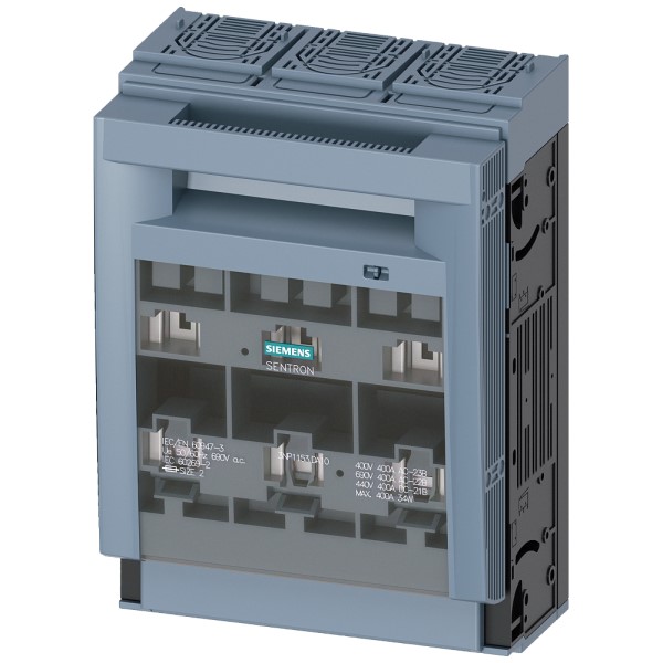 SENTRON fusible-interruptor-seccionador 3NP1 3 polos NH2 400 A para Montaje e instalación en placa de montaje conexión plana Plano de cubierta 70 mm