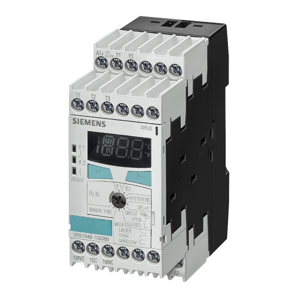 Relé de vigilancia de temperatura PT100/1000 KTY83/84 NTC 2 umbrales ajuste digital -50 °C a 750 °C (en función del sensor) AC/DC 24-240 V 2 x 1 CO + 1 NA Anchura 45 mm borne de tornillo