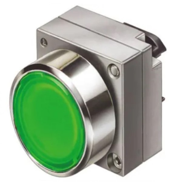 PULSADOR LUMINOSO 22MM REDONDA METAL VERDE BOTÓN RASANTE CON SOPORTE PARA 3 ELEMENTOS CON SOPORTE RESISTENTE A DISOLVENTES