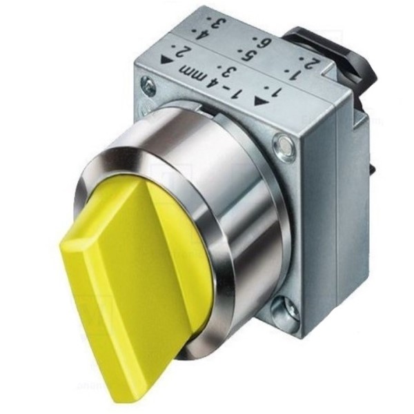 SELECTOR ILUMINADO 22MM REDONDA METAL COLOR AMARILLO SELECTOR CORTO 3 PosiciónES DE MANIOBRA I-O-II SOSTENIDO ÁNGULO DE CONMUTACIÓN 2x50° CON SOPORTE PARA 3 ELEMENTOS CON SOPORTE