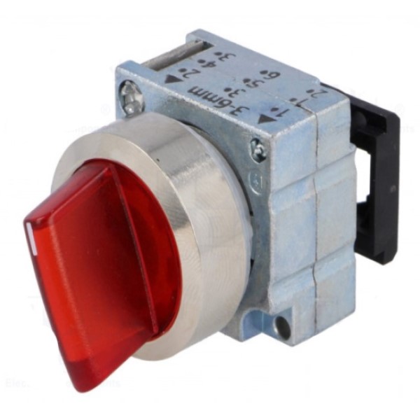 SELECTOR ILUMINADO 22MM REDONDA METAL ROJO SELECTOR CORTO 2 PosiciónES DE MANIOBRA O-I SOSTENIDO ÁNGULO DE CONMUTACIÓN 50° 11/13 HORAS CON SOPORTE PARA 3 ELEMENTOS CON SOPORTE