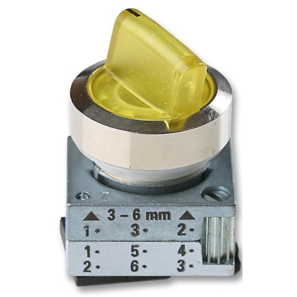 SELECTOR ILUMINADO 22MM REDONDA METAL COLOR AMARILLO SELECTOR CORTO 2 PosiciónES DE MANIOBRA O-I SOSTENIDO ÁNGULO DE CONMUTACIÓN 50° 11/13 HORAS CON SOPORTE PARA 3 ELEMENTOS CON SOPORTE