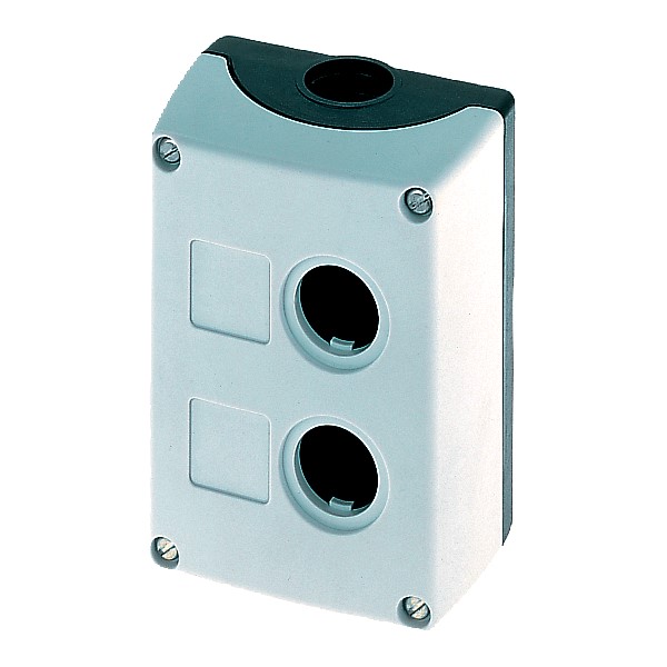 CAJA PARA APARATOS DE MANDO 22MM REDONDA MATERIAL DE LA CAJA: METAL PARTE SUPERIOR DE LA CAJA: COLOR GRIS 2 PUNTOS DE MANDO SIN EQUIPAMIENTO FIJACIÓN EN BASE ARRIBA Y ABAJO 1 X M20