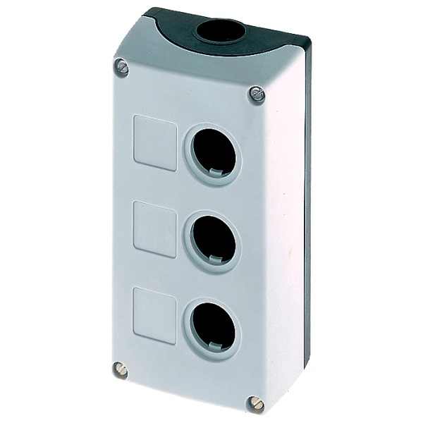 CAJA PARA APARATOS DE MANDO 22MM REDONDA MATERIAL DE LA CAJA: METAL PARTE SUPERIOR DE LA CAJA: COLOR GRIS 3 PUNTOS DE MANDO SIN EQUIPAMIENTO FIJACIÓN EN BASE ARRIBA Y ABAJO 1 X M20