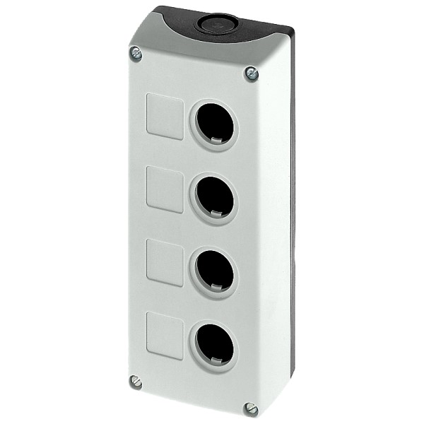 CAJA PARA APARATOS DE MANDO 22MM REDONDA MATERIAL DE LA CAJA: PLÁSTICO PARTE SUPERIOR DE LA CAJA: COLOR GRIS 4 PUNTOS DE MANDO SIN EQUIPAMIENTO FIJACIÓN EN BASE ARRIBA Y ABAJO 1 X M25