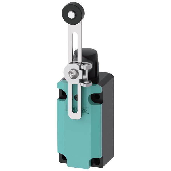 interruptor de posición caja metálica 40 mm según DIN EN 50041 Conexión del aparato 1x (M20 x 15) 1NA/1NC contactos de acción brusca Actuador de fracción de vuelta derecha/izquierda regulable con palanca metálica de longitud ajustable de 100 mm de largo y rodillo de plástico de 19 mm