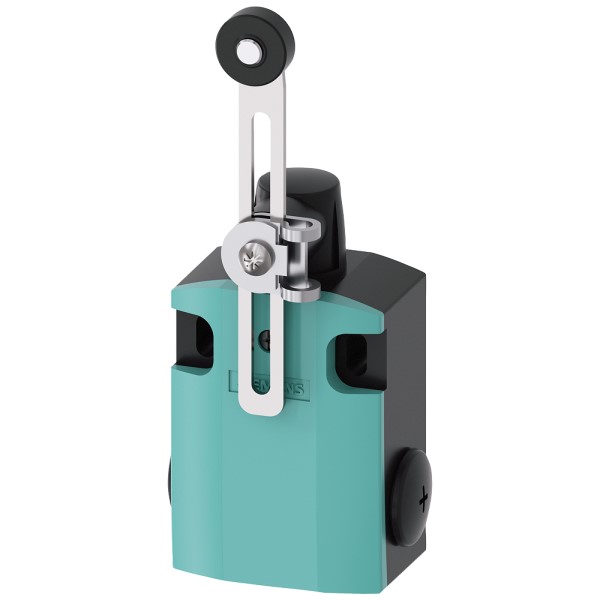 Interruptor de posición Caja metálica 56 mm de ancho Conexión del aparato 3x (M20x 15) 1NA/1NC contactos de acción brusca Actuador de fracción de vuelta derecha/izquierda ajustable con palanca metálica de longitud ajustable 100 mm de long. y rodillo de plástico de 19 mm