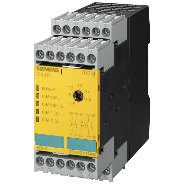 Módulo de seguridad SIRIUS con circuitos de habilitación de relé (FK) DC 24 V 45 mm borne de tornillo FK instantáneo: 2 NA FK retardado: 2 NA 005...3 s MK: 1 NC arranque vigilado aparato base máximo alcanzado SIL: 3/2 PL: e/d