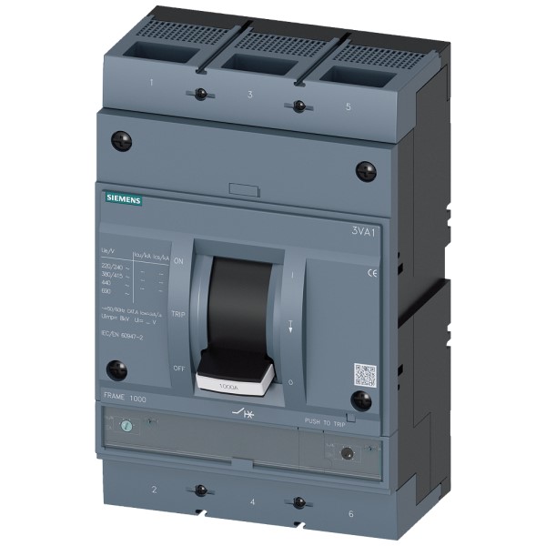 Interruptor automático 3VA1 IEC tamaño 1000 Clase de poder de corte M Icu = 55 kA a 415 V 3 polos, protección de distribuciones TM240, ATAM, In=800 A protección de sobrecarga Ir=560 A...800 A protección de cortocircuito Ii=5...10 × In conexión plana con tornillos