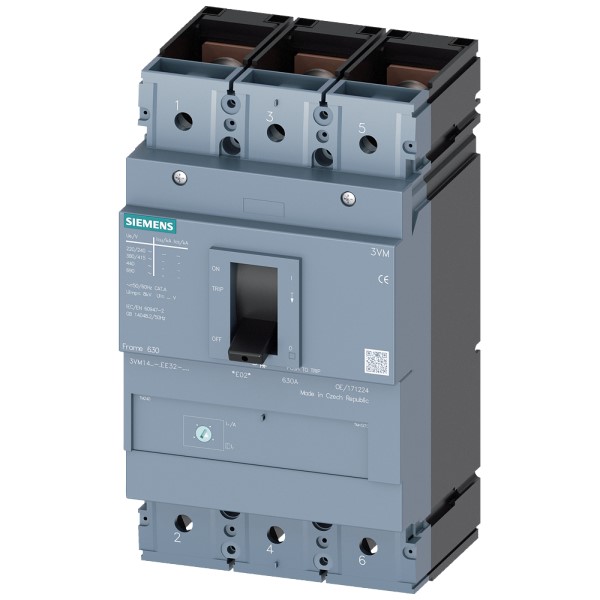 Interruptor automático 3VM1 IEC tamaño 630 Clase de poder de corte N Icu=36 kA a 415 V 3 polos protección de distribuciones TM220 ATFM In=630 A protección de sobrecarga Ir=441 A...630 A protección de cortocircuito Ii=8 x In conexión plana con tornillos
  NO INCLUYE BLOQUE TERMINAL TIPO 3VM9403-0JJ23 SE VENDE POR SEPARADO. CANTIDAD POR EMPAQUE 3 PZS
  