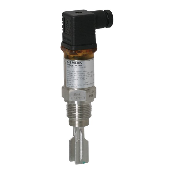 SITRANS LVL100 Interruptor de . nivel vibratorio. Detecta el nivel de materiales líquidos y . lodos. Compacto con longitud de inserción 40 mm (1.6 inch). homologaciones: Sin homologaciones temperatura del proceso: Estándar -40 ... 100 C conexión a proceso: Rosca G1 plg. A PN64/316L electrónica: Salida de transistor PNP DC 10...55 V Caja: 316L Conexión eléctrica/ grado de protección: Según DIN 43650 incl. conector / IP65