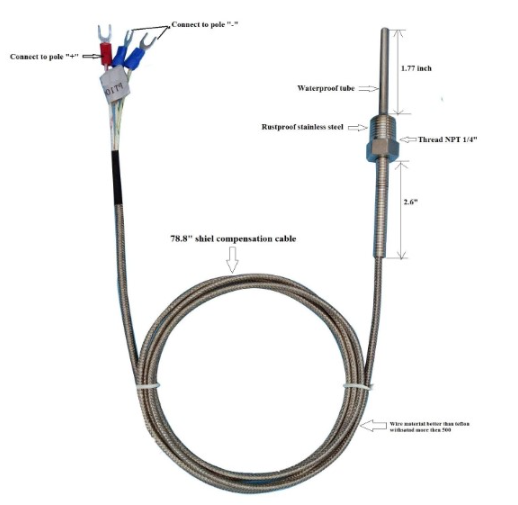 PT100 3HILOS 6MM X 60MM C/CABLE 2MTS ROSCA 1/4 DESDE -50º HASTA 500º