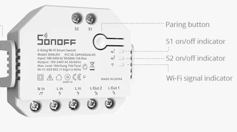 Interruptor inteligente Wi-Fi DUALR3 de 2 salidas 100 V~240 V CA (50/60 Hz), 54 x 49 x 24 mm (largo x ancho x alto)