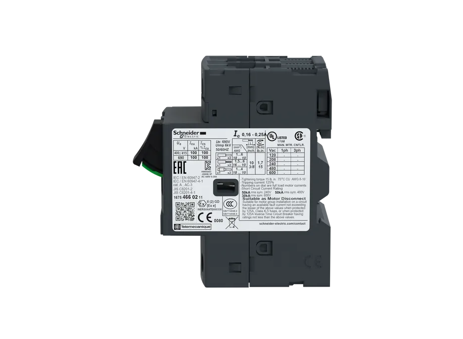 GUARDAMOTOR MAGNETOTÉRMICO 0,16-0,25A, >100KA EN 440VCA, ACCIONADO POR PULSADORES