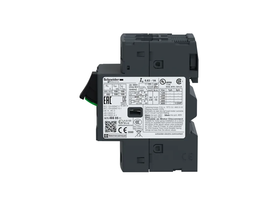 GUARDAMOTOR MAGNETOTÉRMICO 0,63-1A, >100KA EN 440VCA, ACCIONADO POR PULSADORES