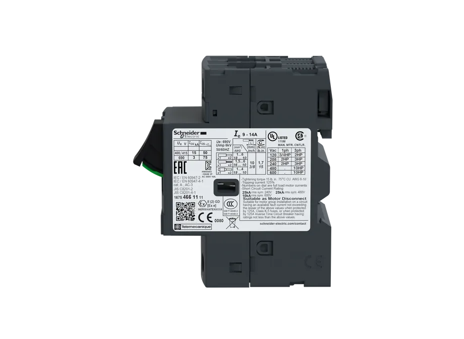 GUARDAMOTOR MAGNETOTÉRMICO 9-14A, 50 KA EN 440VCA, ACCIONADO POR PULSADORES