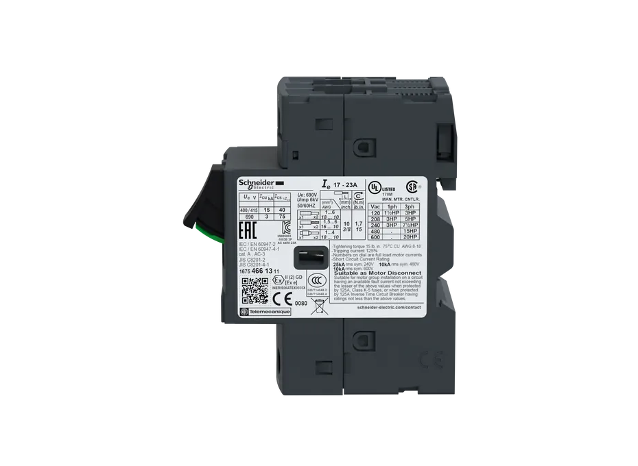 GUARDAMOTOR MAGNETOTÉRMICO 17-23A, 50KA EN 440VCA, ACCIONADO POR PULSADORES