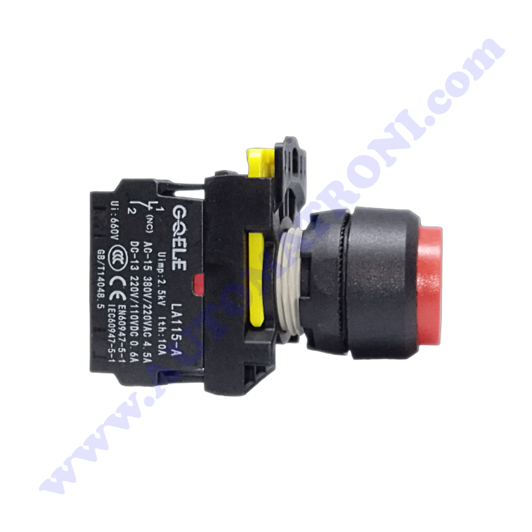 PULSADOR PLASTICO SALIENTE 22MM ROJO 1NC BISEL NEGRO