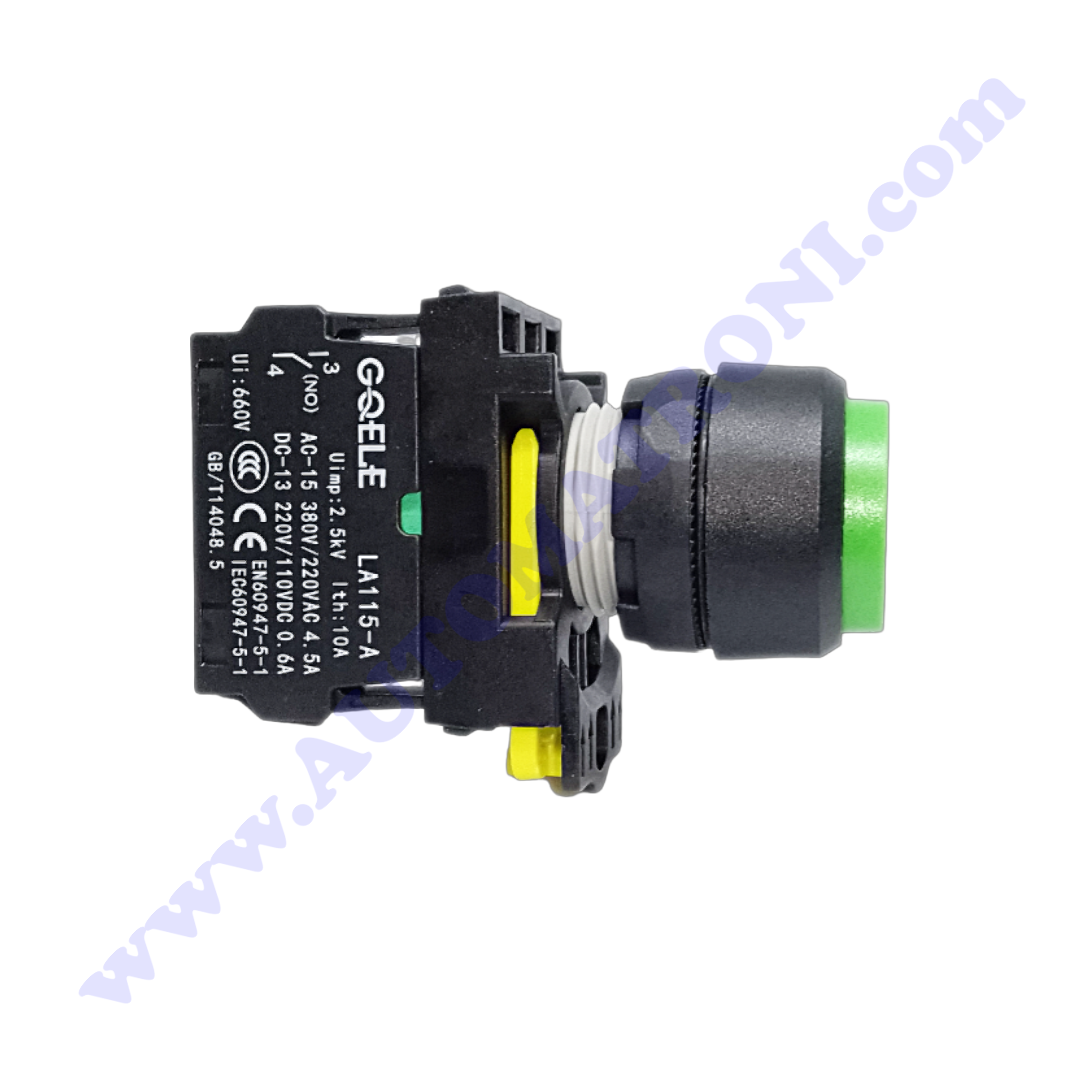 PULSADOR PLASTICO SALIENTE 22MM VERDE 1NA BISEL NEGRO