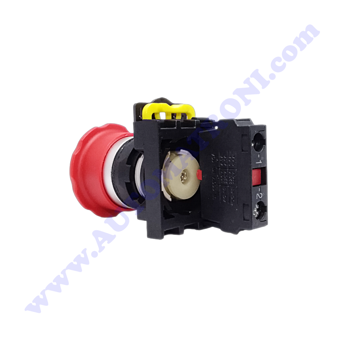 PULSADOR PLAST EMERGENCIA TIPO HONGO 1NC DESENC. POR GIRO ROJO 22MM BISEL METALICO