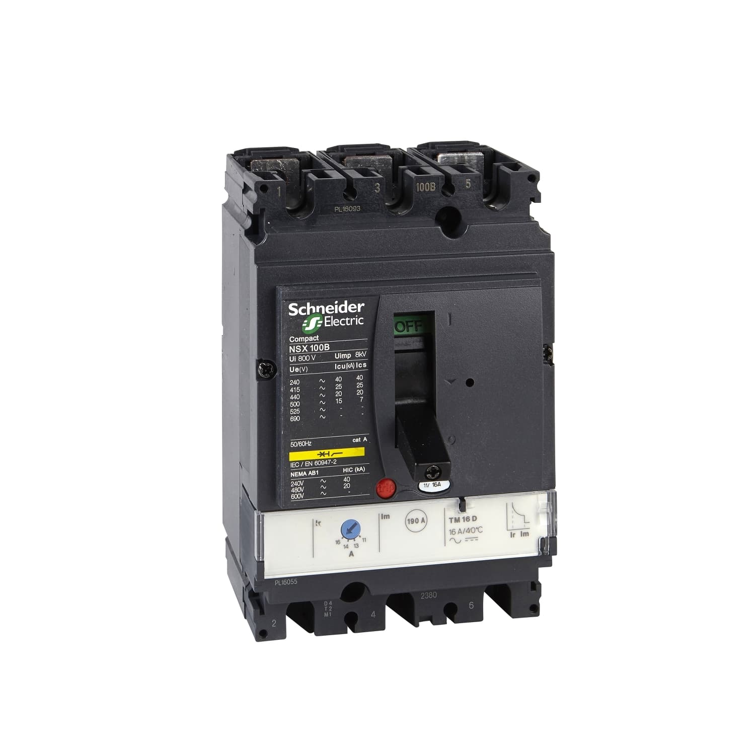 Interruptor automático termomagnético sin terminales, Compact NSX100H, TM100D, 3 polos, 690Vca, 100A