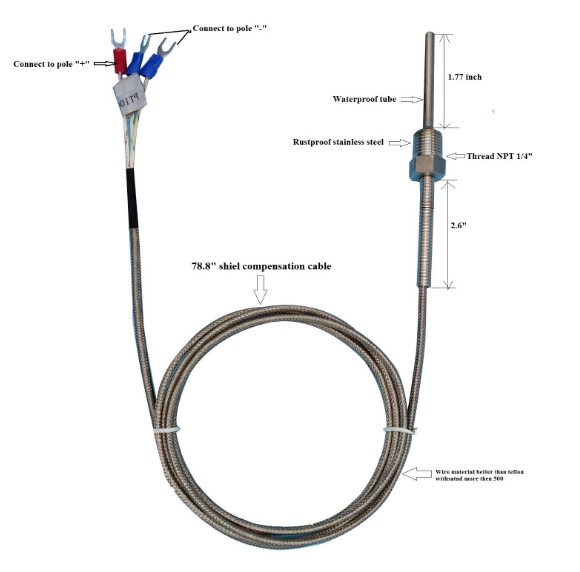 PT100 3HILOS 6MM X 60MM C/CABLE 2MTS ROSCA 1/4 DESDE -50º HASTA 500º