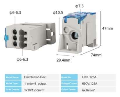 CAJA DE DISTRIBUCION UNIPOLAR 1 ENTRADA 6 SALIDAS 690VAC/125A