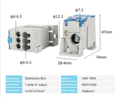 CAJA DE DISTRIBUCION UNIPOLAR 1 ENTRADA 6 SALIDAS 690VAC/160A