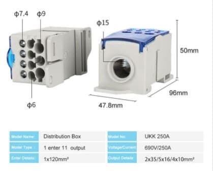 CAJA DE DISTRIBUCION UNIPOLAR 1 ENTRADA 11 SALIDAS 690VAC/250A
