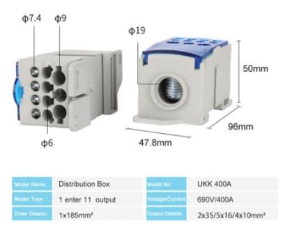 CAJA DE DISTRIBUCION UNIPOLAR 1 ENTRADA 11 SALIDAS 690VAC/400A