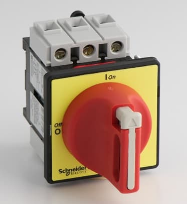 SECCIONADOR VARIO 40A, MANDO ROTATIVO ROJO ENCLAVABLE, PLACA AMARILLA, MONTAJE PUERTA, FIJACIÓN C/TO