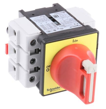 SECCIONADOR PARADA EMERG. VARIO, 80A MANDO ROTATIVO ROJO ENCLAVABLE PLACA AMARILLA, 690VAC 50/60 HZ