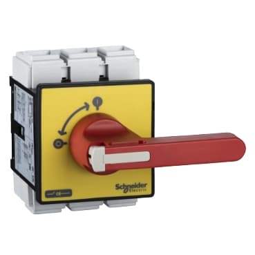 SECCIONADOR EMERG. VARIO 125A MANETA LARGA ROJA ENCLAVABLE, PLACA AMARILLA, MONTAJE PUERTA, FIJACIÓN