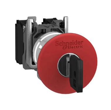 PULSADOR HONGO DESENCLAVAR CON LLAVE COLOR ROJO CABEZA 40mm PARADA DE EMERGENCIA 1NC