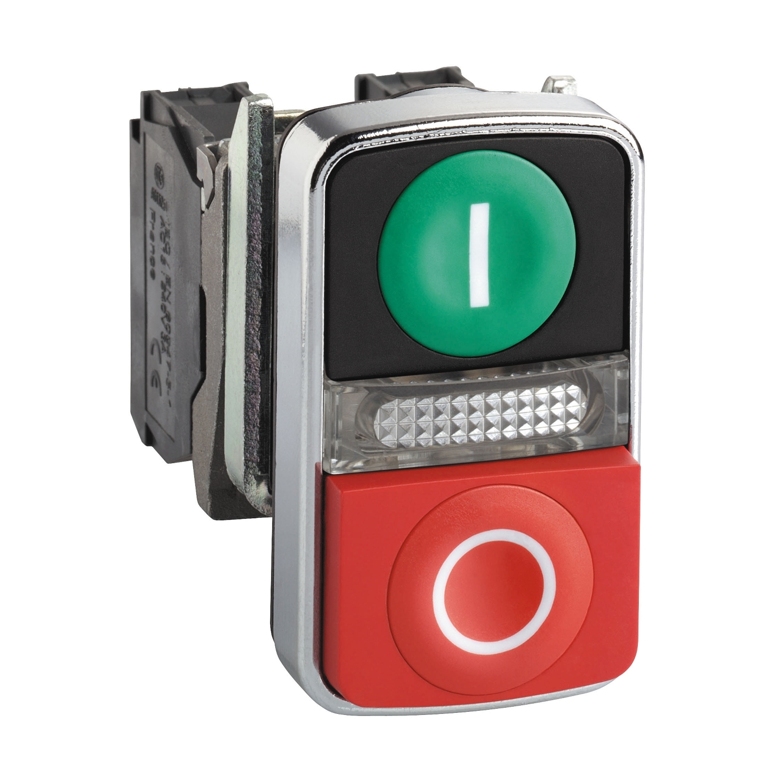 PULSADOR LUMINOSO DOBLE, RASANTE VERDE MARCADO |, SALIENTE ROJO MARCADO O, LED AMARILLO IP40 240VCA